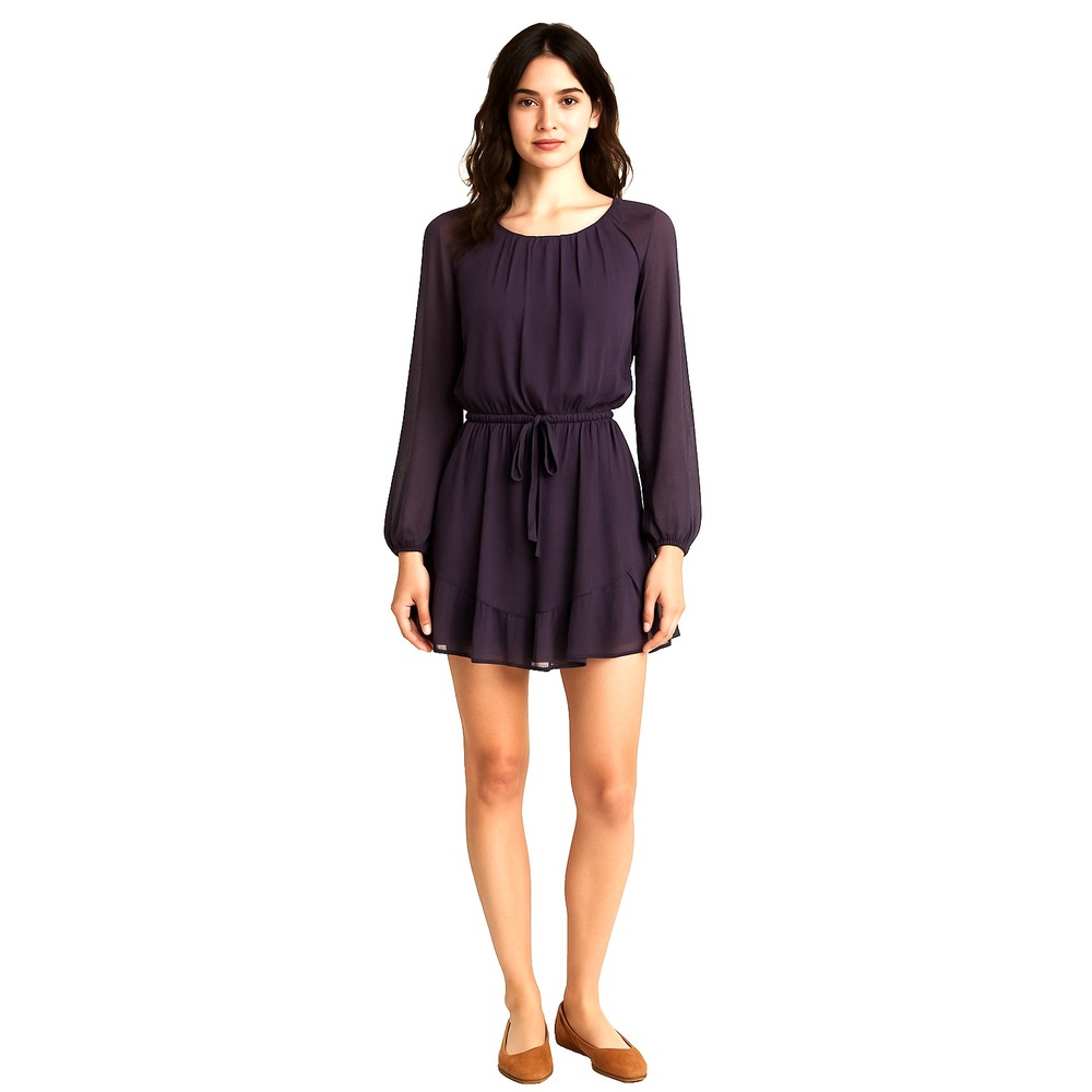 Romantic Boho Chiffon Mini Dress Womens‎ M Purple Long Sleeve Sheer Ruffle Hem